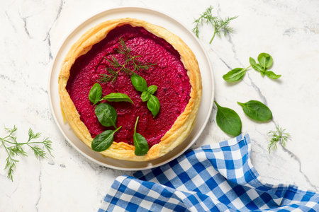 Beet and cheese tart.top veiw. selective focus