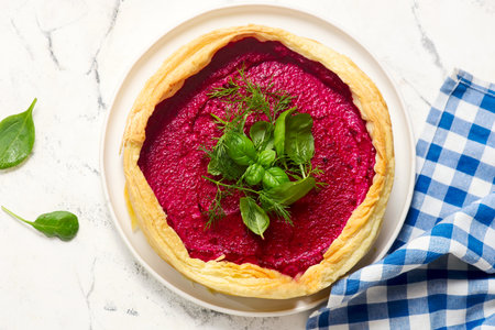 Beet and cheese tart. Top view. Selective focusの写真素材