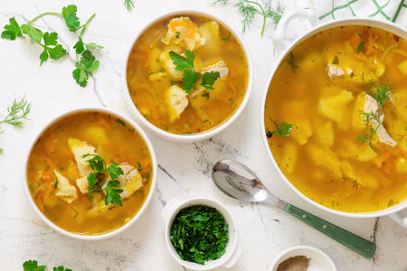 Homemade Chicken Dumpling Soup..top veiw .style hugge.selective focus