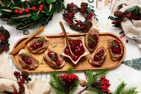Crostini with chicken liver pate and lingonberry sauce on a festive Christmas background.top veiw .selective focusの写真素材