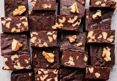 Chocolate fudge with walnuts.top veiw.selective focus