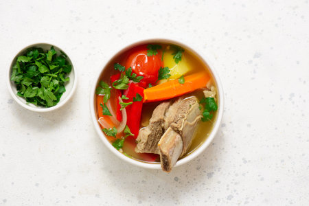 Shurpa, a traditional Central Asian soup with beef and vegetables..top veiwの写真素材