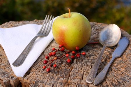 A place setting with silverware and a green apple on a stumpの写真素材