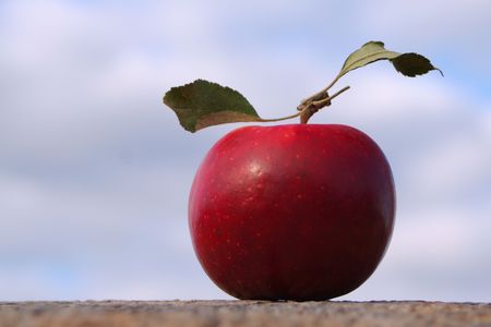 A red apple with two leaves set against the sky.の写真素材