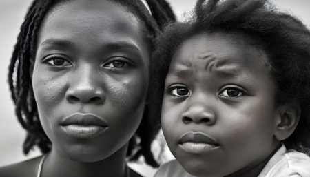 Portrait of two sad african american girls. Black and white photo.の素材