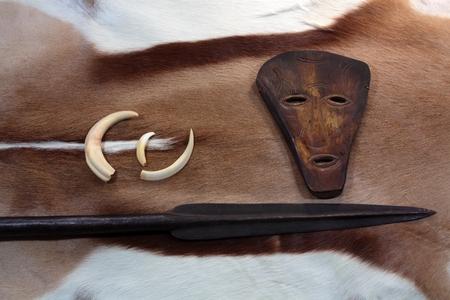 An African mask with a spear on an antelope coat.の写真素材
