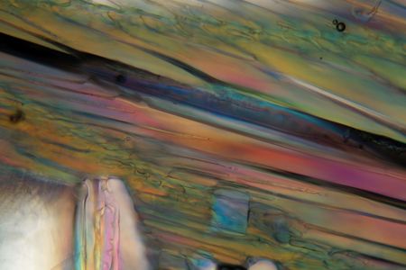 Frozen beer under a microscope and in polarized light. The photo shows ice crystals developed in...