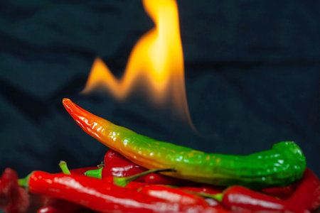 Green and red chillies with flames and a dark backgroundの写真素材