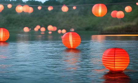 Paper lanterns that float on water. AI generated illustration.の素材
