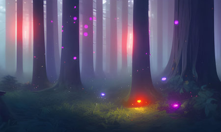 Ai generated illustration of glowworms in a forest.の素材