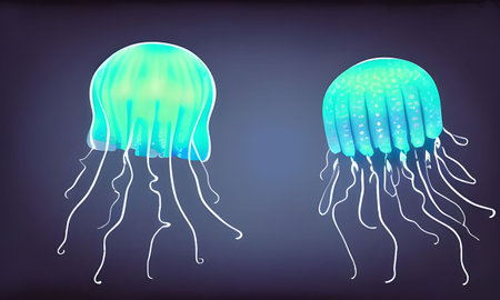Glowing sea jellyfishes with dark background, ai generated illustrationの素材