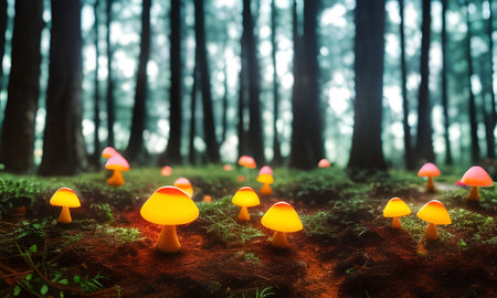 Glowing mushrooms in a forest, ai generated illustrationの素材