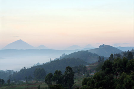 Landscape in Western Uganda with the Virunga Mountains and mistの写真素材