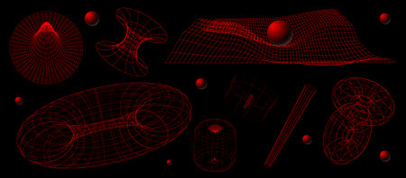 Vector set of abstract geometric shapes in red and black colors on a black backgroundのイラスト素材