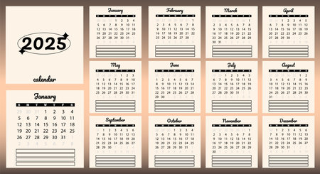 Vector template of a calendar for 2025. Week starts on Sundayのイラスト素材
