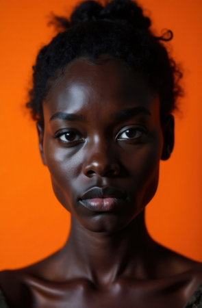 Close-up image of a Black woman with curly locks, highlighting her sad expression and luminous skin. Her thoughtful look radiates warmth and self-assuranceの素材