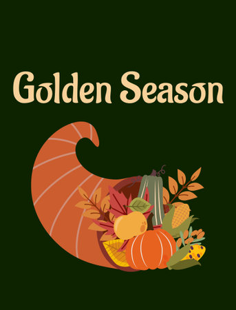 Vibrant autumn illustration with a cornucopia overflowing with pumpkins, apples, gourds, and leaves...