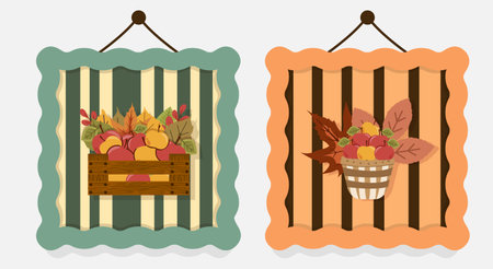 Two autumn-themed posters with a 3D effect: a wooden crate and a basket filled with colorful apples and leaves, framed in wavy green and orange bordersのイラスト素材