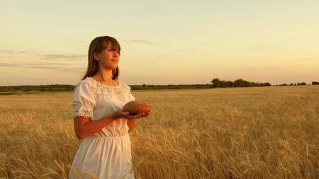 delicious bread on the palms of a young woman. girl holds bread in her palms and goes across the field of mature wheat. loaf of bread in the hands of a girl over a wheat field in the rays of sunset.の写真素材