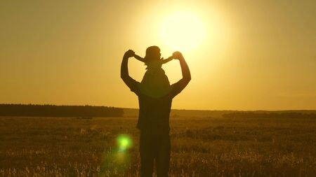 Dad carries beloved baby on his shoulders walking around field at sunset. A child with parent walks in evening at sunset of sun. little daughter riding with dad on his shoulders in park. Slow motion.の写真素材