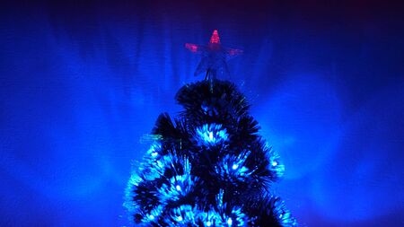 New Year 2020 mood. Christmas tree, happy holidays. Christmas interior. beautiful Christmas tree in room, decorated with a luminous garland and a star. holiday for children and adults.の写真素材