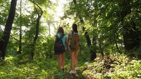 tired girls travelers with backpacks go through thicket in the forest. Hiker woman walks in the forest. happy hiker girl in summer park. teenager girl adventures on vacation.の写真素材