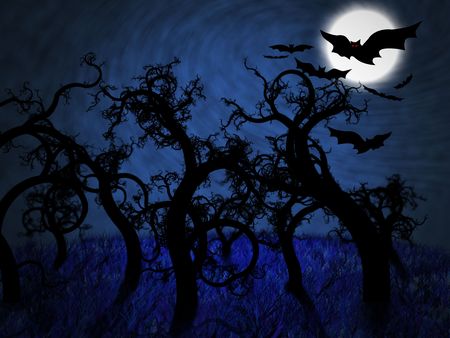 Forest full of twisted trees in a dark night illuminated with a full moonの写真素材