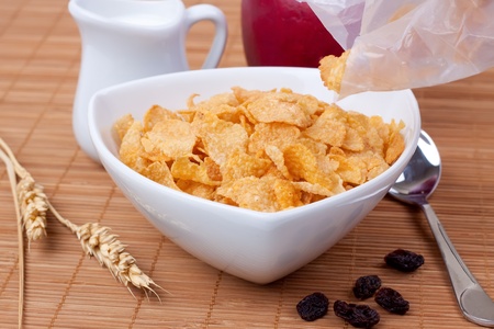 Bowl with cereal, milk and one apple on tableclothの写真素材