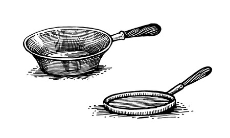 Pans, cooking pots, set of dishes. Healthy lifestyle, delicious food Hand-drawn images, black and white graphics.のイラスト素材