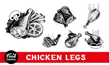 Chicken legs. Set of vector images. Vector graphics for labels, menus, packaging design, advertising, interior designs and food service signageのイラスト素材