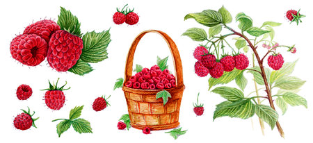 Raspberry in a basket, raspberry with a leaf, raspberry on a branch. Set of watercolor illustrations for labels, menus, or packaging design.の写真素材