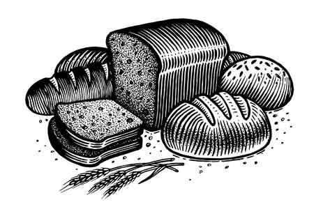 Bread, vector illustration. Vintage graphics and handwork. Drawing with an ink pen and pencil. The rye bread, sliced, loaf, spikelets and grains, round bread, sprinkled with flour and bran. A collection of farm products.のイラスト素材