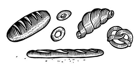 Bakery products, vector illustration. Vintage graphics and handwork. Drawing with an ink pen and pencil. The Croissant, loaf, baguette, bagel, bagels. A collection of farm products.のイラスト素材
