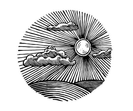 Landscape with sun and fields, vector illustration. Drawing with an ink pen and pencil. A collection of farm products.のイラスト素材