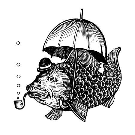 Fish with an umbrella, in a bowler hat and smoking a pipe, vector illustration. Drawing with an ink pen and pencil. A collection of fish.のイラスト素材