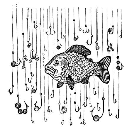 Fish and a lot of fish hooks, vector illustration. Drawing with an ink pen and pencil. A collection of fish.のイラスト素材