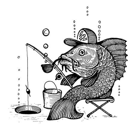 A fish with a cap and a smoking pipe is fishing with a fishing rod, vector illustration. Drawing with an ink pen and pencil. A collection of fish.のイラスト素材