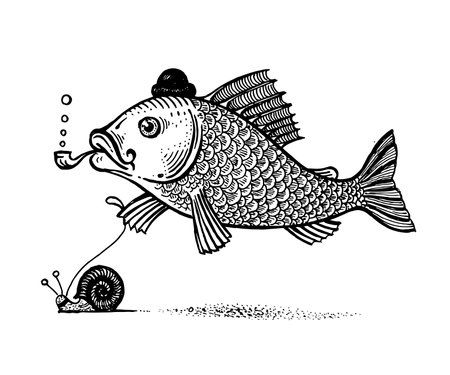 Fish on a walk, walking a snail on a leash, vector illustration. Drawing with an ink pen and pencil. Collection of fish.のイラスト素材