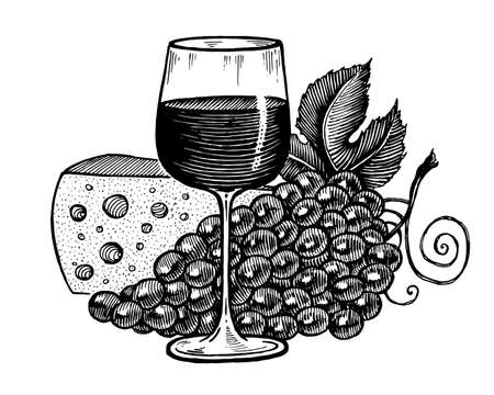 A glass of wine, grapes and cheese, vector illustration. Vintage graphics and handwork. A collection of fruits and berries.のイラスト素材