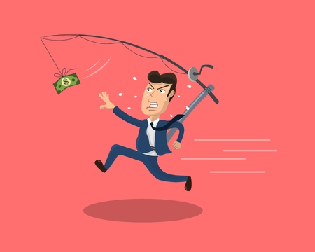 Businessman in blue suit chasing money running after a dollar bill that hangs from a fishing rod.のイラスト素材