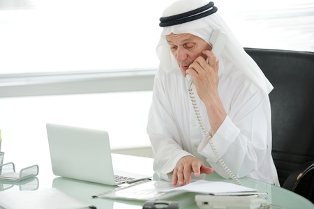 Portrait of a smart arabic business man using laptop and talking  on the phoneの写真素材