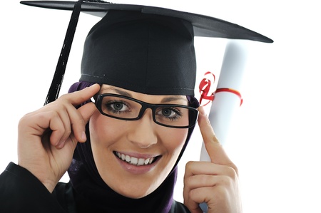 Happy graduate arabic  muslim student with diplomaの写真素材
