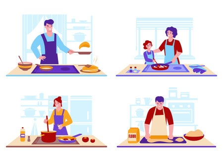 Set of vector cooking concepts at home. Against the background of the kitchen interior. Flat style.のイラスト素材