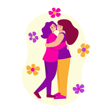 Two girls are hugging. Vector illustration in flat style.のイラスト素材