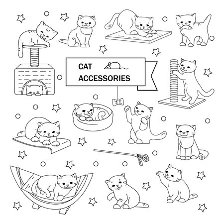 Set of vector outline illustrations. Cats and accessories. Toys,beds, scratching posts.のイラスト素材
