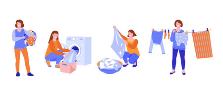 Set of vector illustrations. A young woman washes and dries clothes. Flat style. Isolated on a white.のイラスト素材