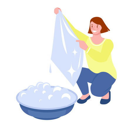 A young woman takes cleanly washed laundry out of a basin. Linen sparkling clean. Vector illustration in flat style. Isolated on white.のイラスト素材
