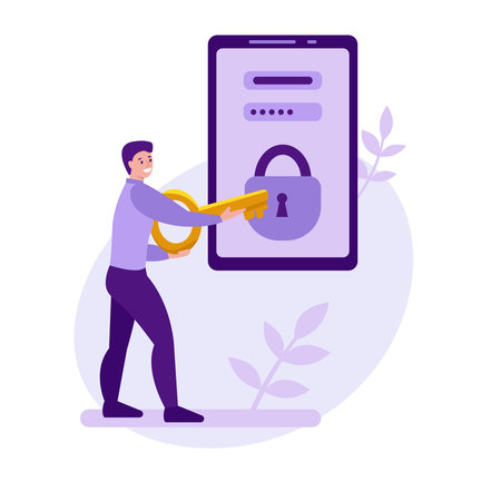 Mobile phone security vector concept. A young man is trying to unlock a mobile phone with a key. Data protection. Strong password and login. Flat.のイラスト素材