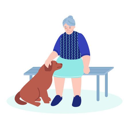 An elderly woman is sitting on a bench in the park. Dog next to mistress. Concept of dog companion for the elderly. Vector illustration in flat.のイラスト素材