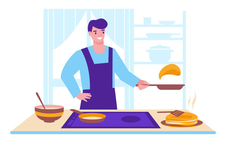 A young man cooking pancakes against the background of the kitchen interior. Vector illustration.のイラスト素材
